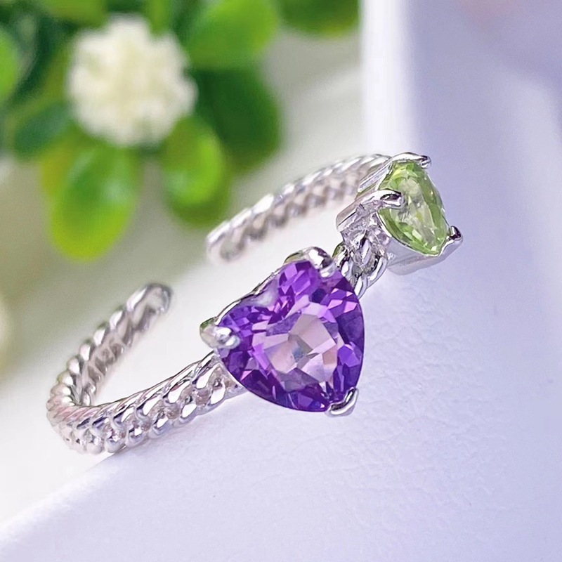 天然紫水晶橄榄石女戒指镶嵌s925银时尚指环手饰批发直播一件代发
