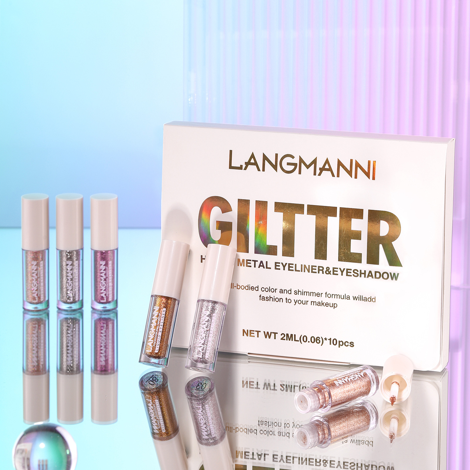 Langmanni Ten-Color Color Thin and Glittering Liquid Eyeliner Set Highlight Shiny Eye Brightener Gift Box Cross-Border Makeup