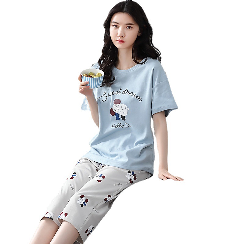 Korean Pajamas Women's Summer Cotton-like Short-Sleeved Cropped Pants Home Wear Summer Thin Casual Cute plus Size Suit