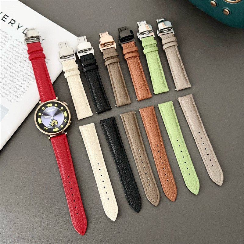 适用于三星谷歌华为gt4小米佳明荣耀手表荔枝皮蝴蝶扣替换表带