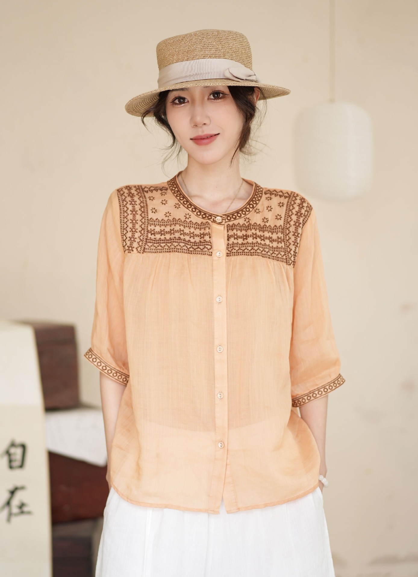 苎麻刺绣衬衫 2024夏季新款 开衫中袖上衣女复古文艺显瘦衬衣5635