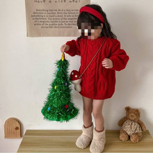 女童洋气中长款毛衣裙韩系秋冬圣诞红色针织衫休闲上衣潮0075A019