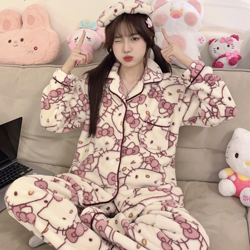 可爱hellokitty睡衣女冬款珊瑚绒加绒加厚卡通凯蒂猫家居实拍代发
