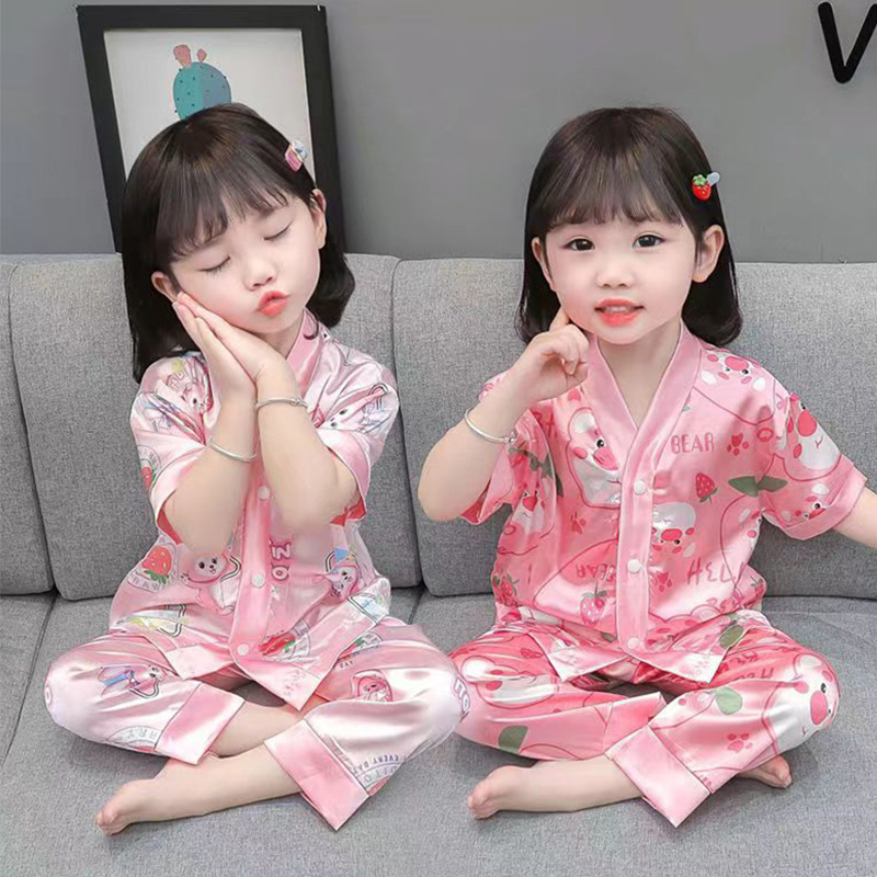new 2024 children‘s pajamas strawberry bear ice silk pajamas girls‘ thin strawberry bear short-sleeved trousers air conditioning clothes