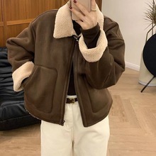 欧货加厚保暖翻领羊羔绒外套女2025秋冬小个子机车服棉服