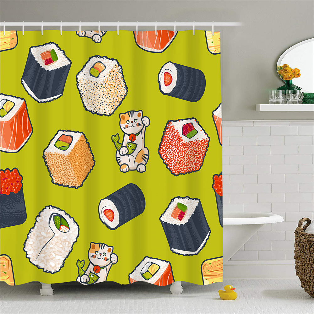 Digital Printing Shower Curtain Four-Piece Waterproof and Mildew-Proof Cartoon Sushi Cat Punch-Free Amazon Animal Shower Curtain