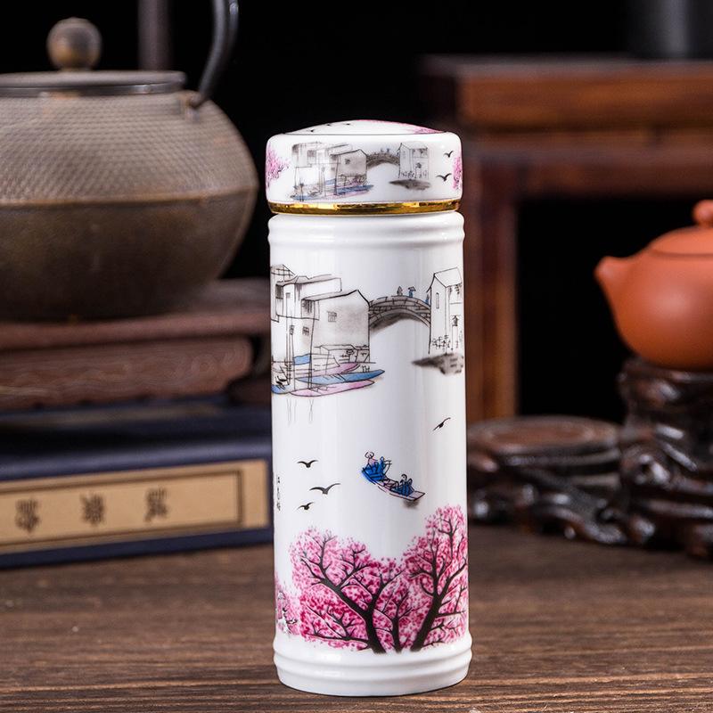 Making Jingdezhen Ceramic Cup Thermos Cup Men and Women Double Wall Water Bottle Tea Cup with Lid Blue and White Porcelain Cup Ceramic Inner Pot