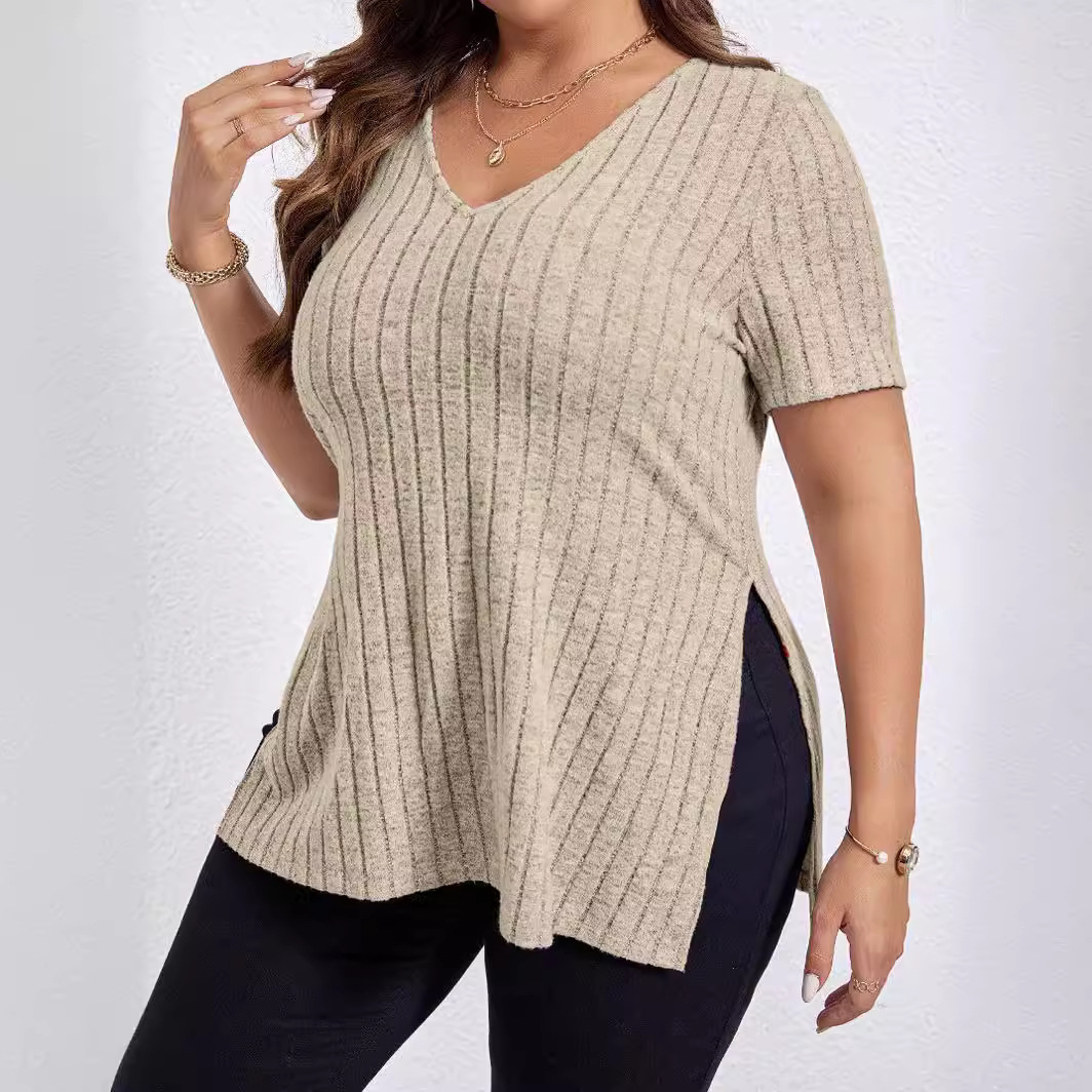 2024 Amazon Cross-Border Spring and Summer New Solid Color plus Size Women's Clothes Top V-neck Sunken Stripe Short Sleeve Split Pullover T-shirt