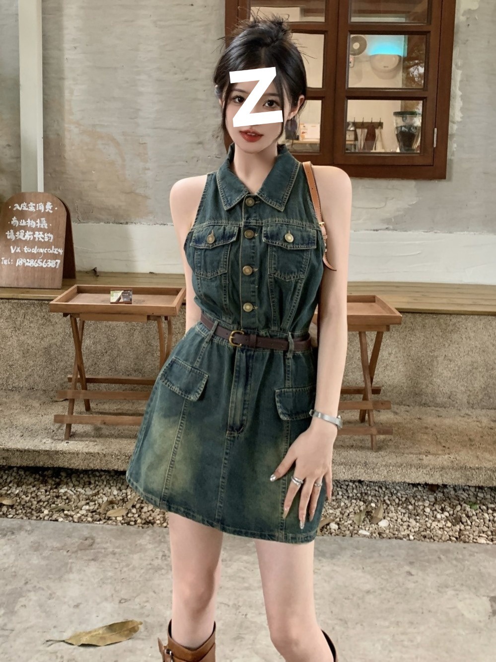 美式复古翻领无袖收腰显瘦牛仔背心连衣裙女夏季设计感修身短裙子