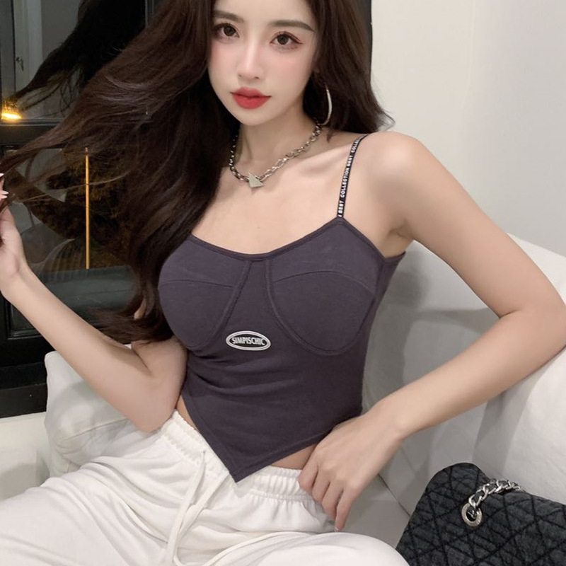 新款不规则下摆吊带背心网红字母肩带固定杯乳胶性感外穿抹胸女
