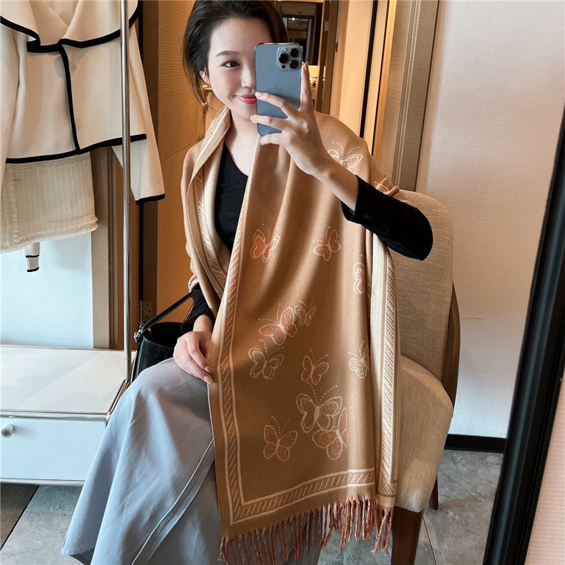 2022 New Elegant Artistic Butterfly Scarf for Women Winter All-Matching Double-Sided Thickened Warm Scarf Talma Outer Wear