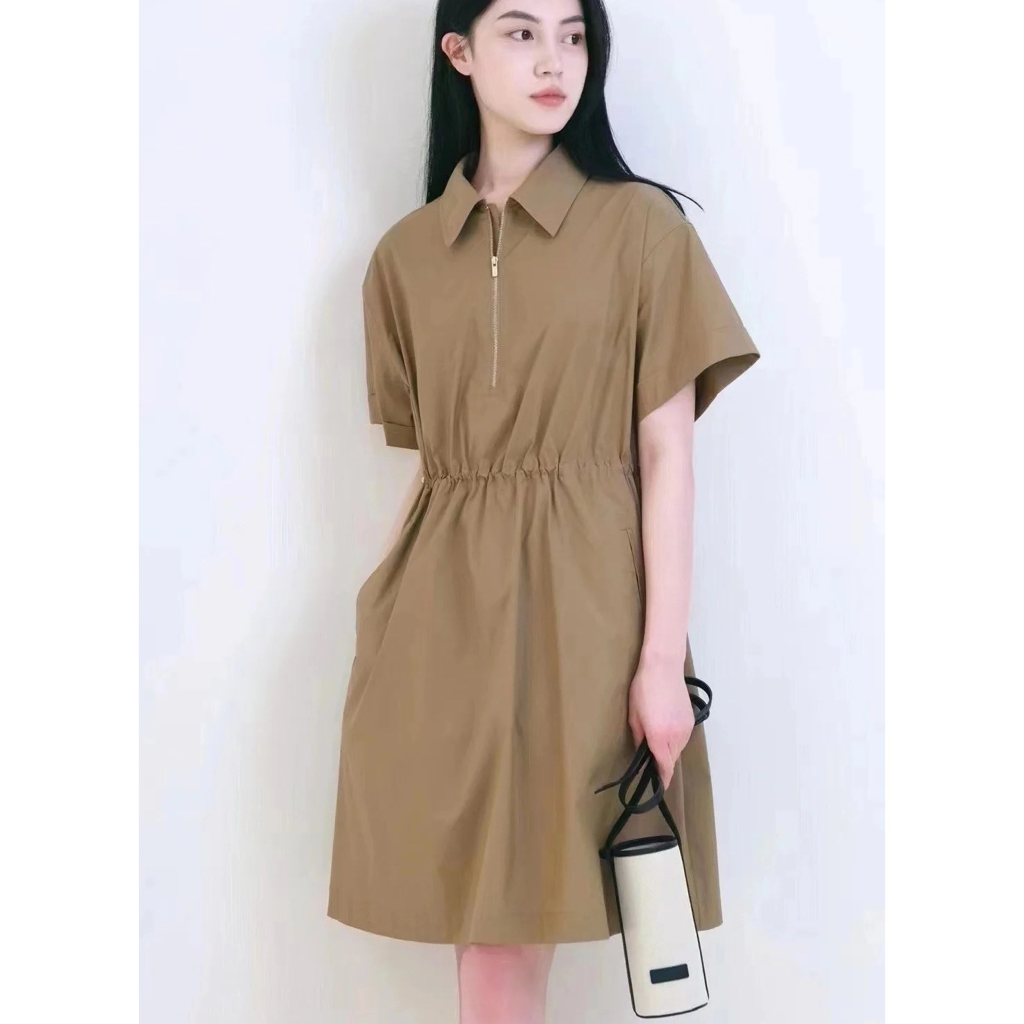he系女装 裙子女2024春夏新款棉涤府绸及膝连衣裙翻领拉链a字裙