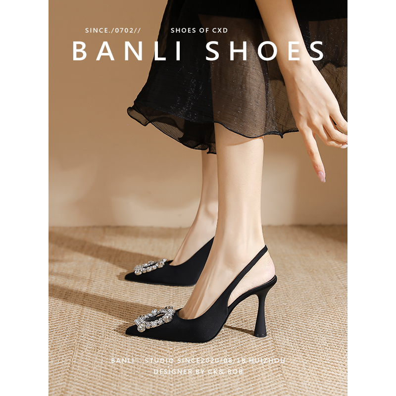2024年夏季新款黑色尖头高跟单鞋水钻包头凉鞋女细跟配裙子-阿里巴巴
