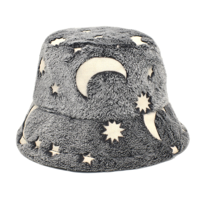 Foreign Trade New Plush Fisherman Hat Women's Korean-Style Star Moon Bucket Hat Autumn and Winter Warm Hat Women's Sun Hat Tide