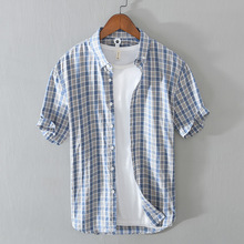 L869夏季新款时尚条格短袖衫休闲半袖格子衬衫男潮流男士外套衬衣