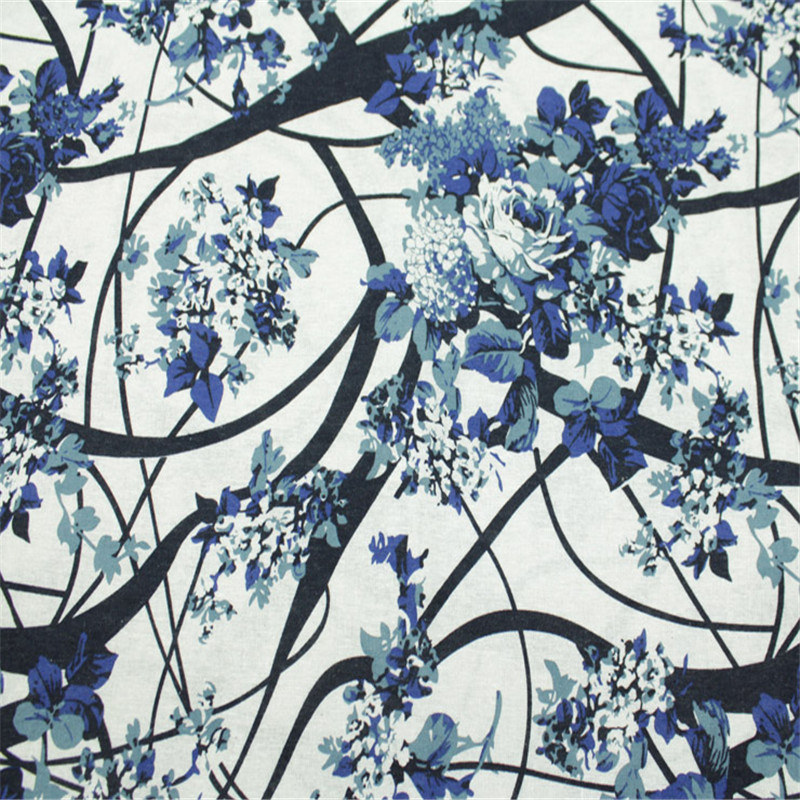 青花瓷棉麻印花面料 亚麻棉布  时尚服装面料