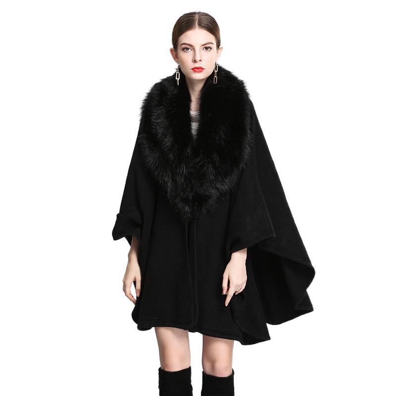 556# Autumn and Winter New Imitation Fox Fur Collar Shawl Cape Mid-Length Big Fur Collar Shawl Oversized Knitted Cardigan