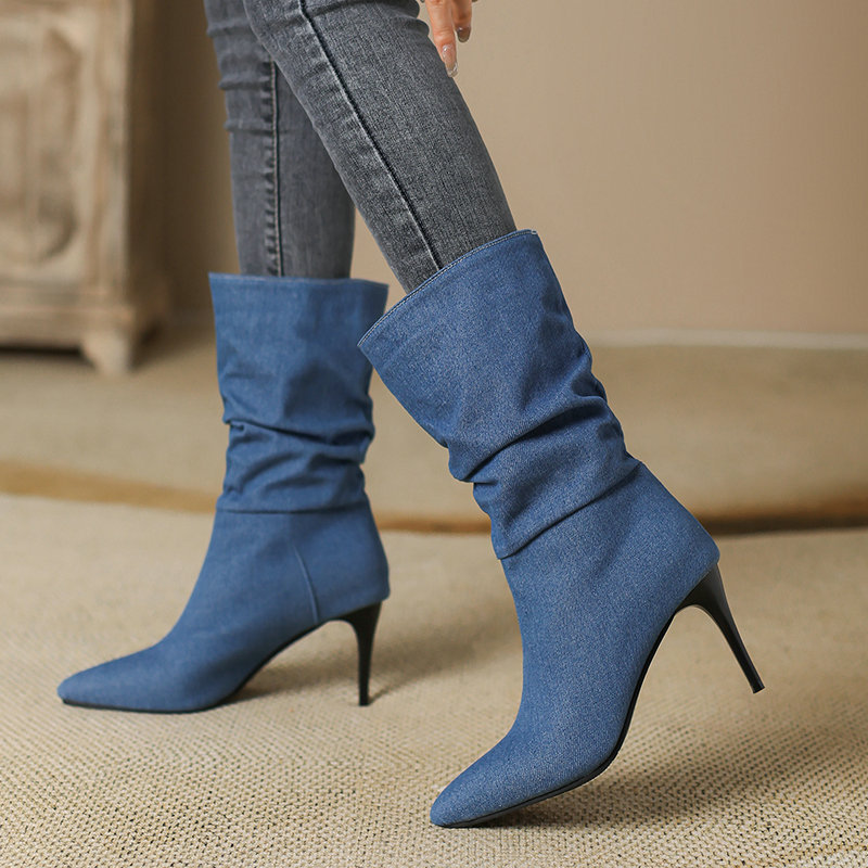 西部牛仔靴女秋冬新款牛仔面料细跟超高跟尖头皱皱短靴显瘦瘦瘦靴