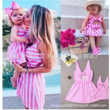 跨境供应婴幼儿时尚母女装连衣裙竖条纹粉色印花双肩吊带蝴蝶结裙