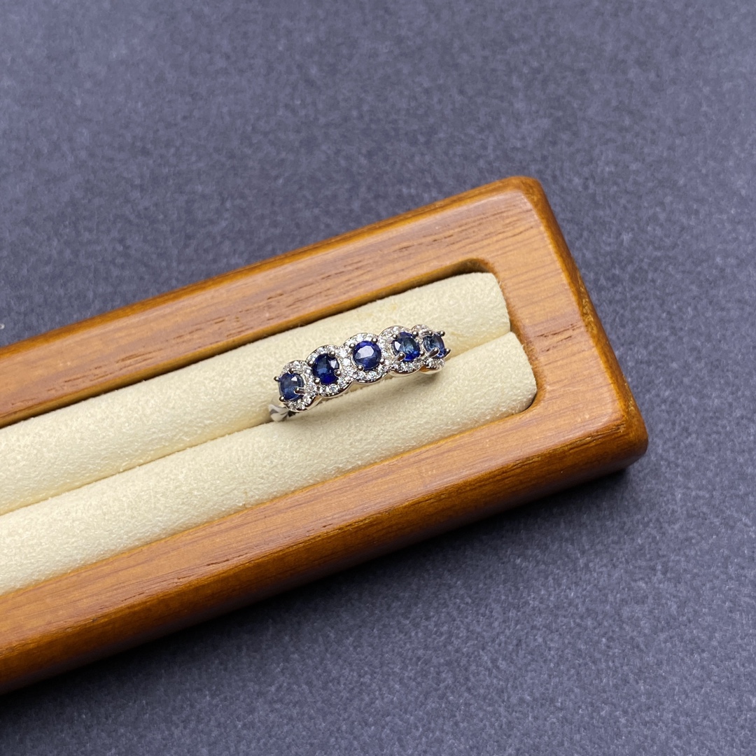 天然彩宝蓝宝石排戒五颗镶嵌s925纯银戒托活口可调节女戒首饰礼物