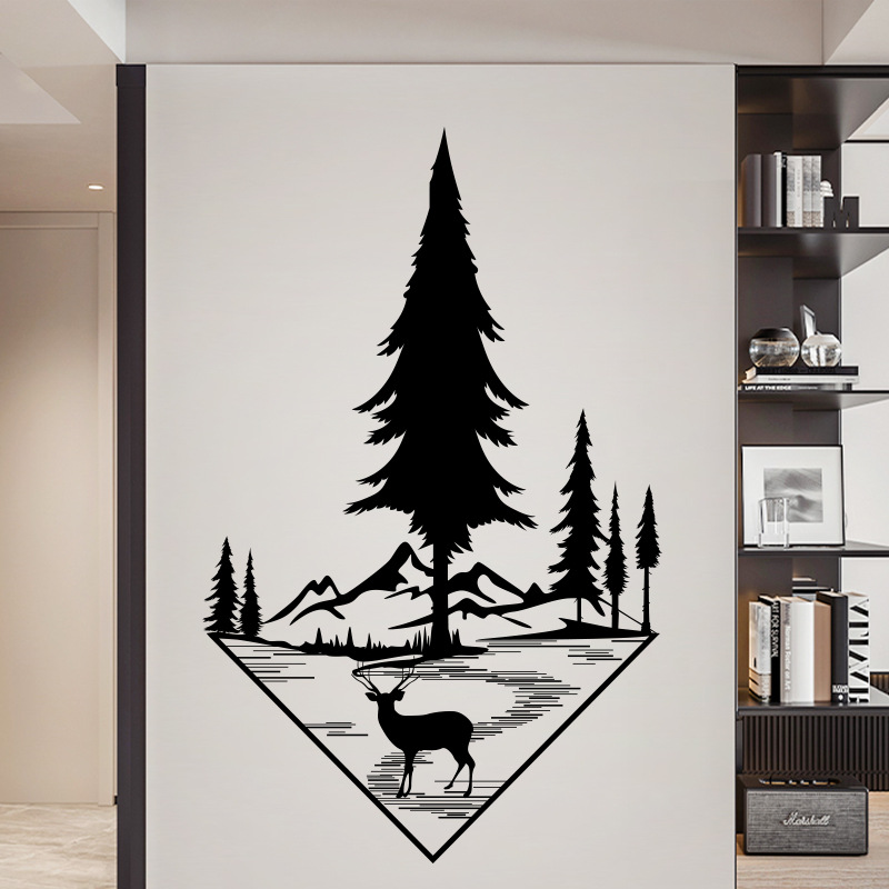 旅康ch46068山水有鹿北欧简约黑白墙贴玄关客厅背景麋鹿装饰贴纸