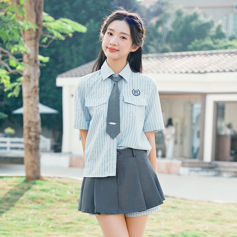 竹纤维条纹衬衫女jk制服套裙安全裤夏衬衣班服英伦学院风学生校服