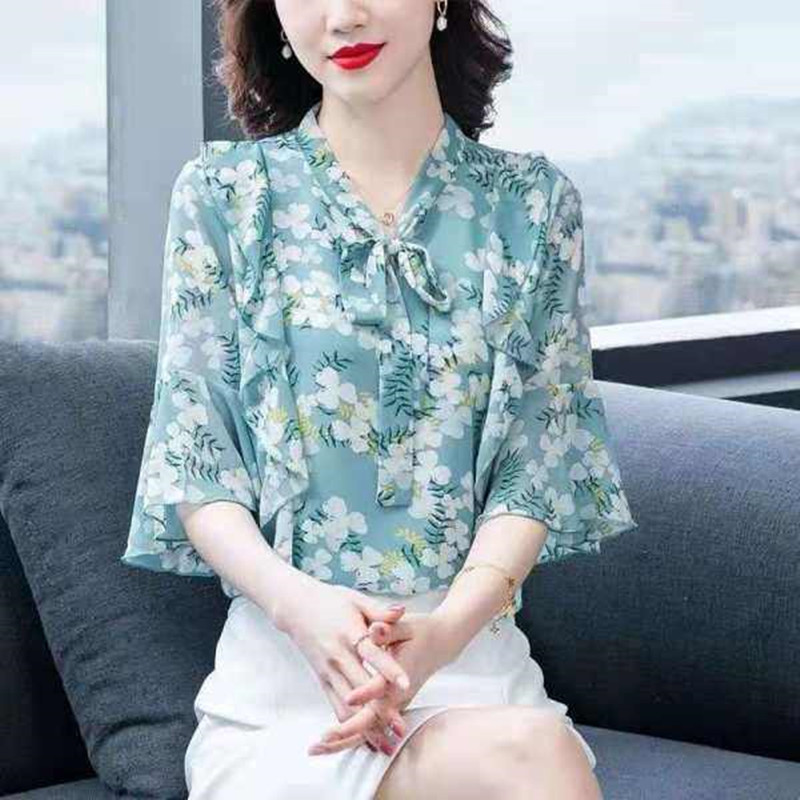 women‘s floral chiffon shirt 2023 summer new fashion elegant flare sleeve small shirt top women‘s western style