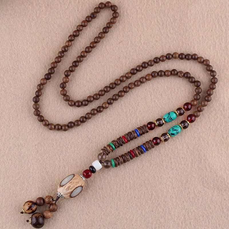 Ethnic Style Retro Long Wooden Sweater Chain Bodhi Pendant Wooden Bead Necklace Men's and Women's Cotton and Linen Pendant Accessories Wholesale