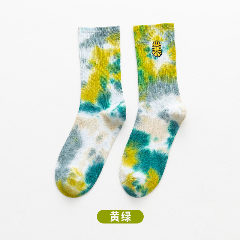 Tie-Dye Socks for Women Middle Tube Cotton Socks Ins Trendy Socks Embroidered Couple Sports