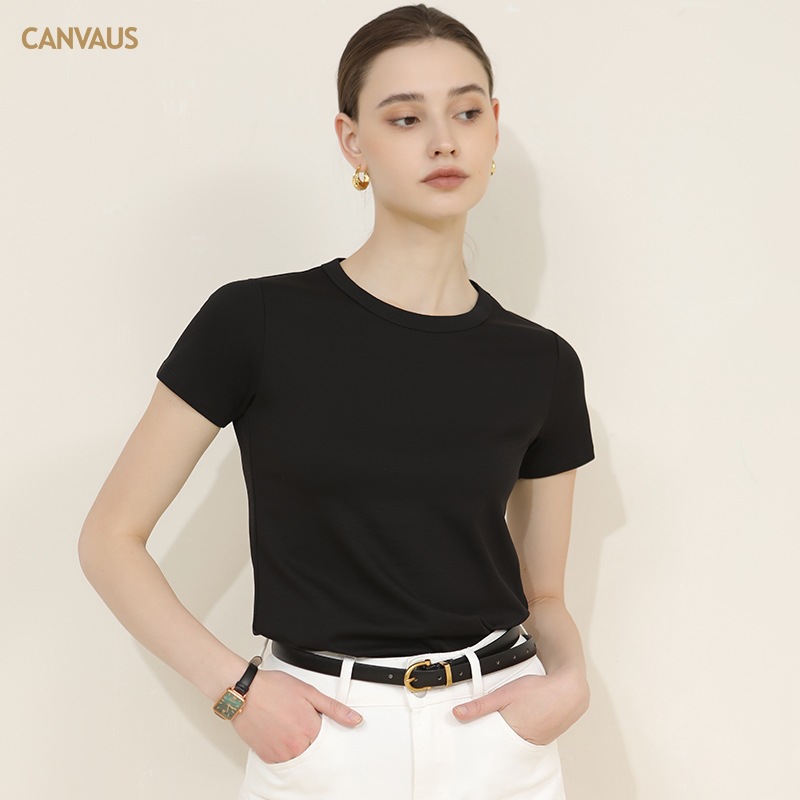 Canvaus Women's New Korean Style Solid Color round Neck Short Sleeves T-shirt Women's Summer Slim Fit Slimming Cotton Top Fashion