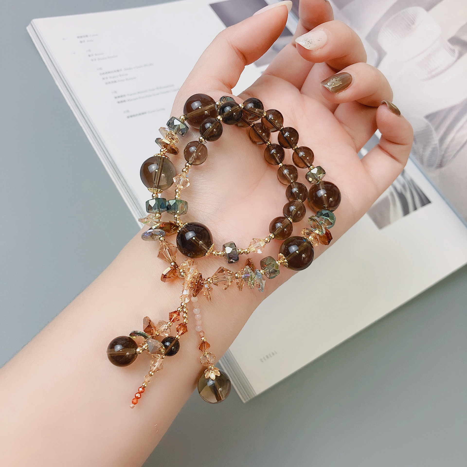 茶晶凤羽幽灵金发晶手链两圈奥地利水晶手串手工串珠饰品配饰首饰