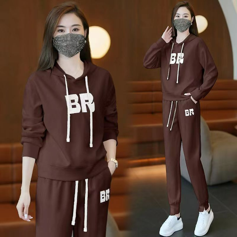 时尚加绒加厚大码运动套装女秋冬季新款显瘦休闲胖mm连帽两件套女