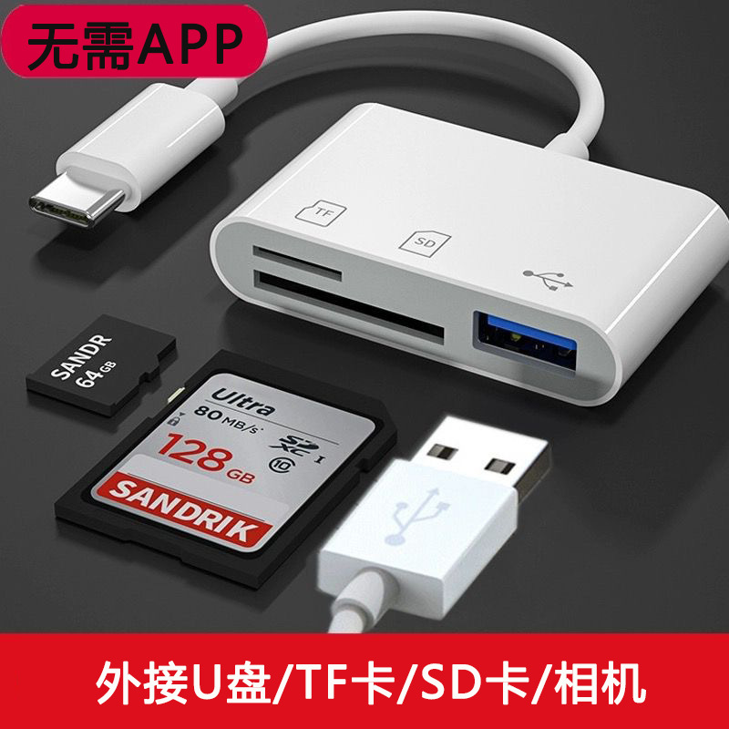 适用苹果15手机tf/sd读卡器type-c三合一usb鼠标相机多功能读卡器