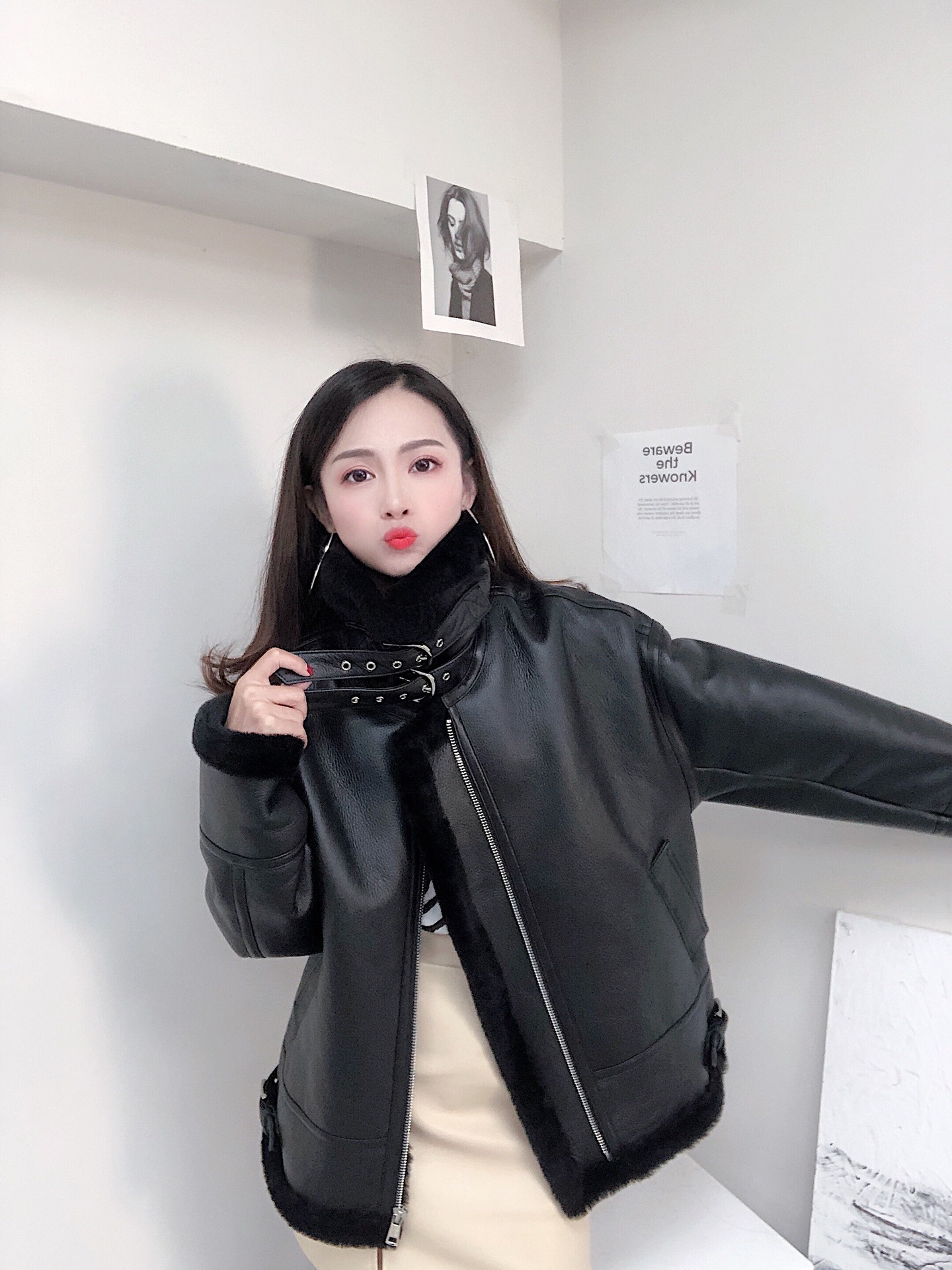 冬装新款皮毛一体皮草美利奴羊毛外套女机车风帅气年轻酷飒中长