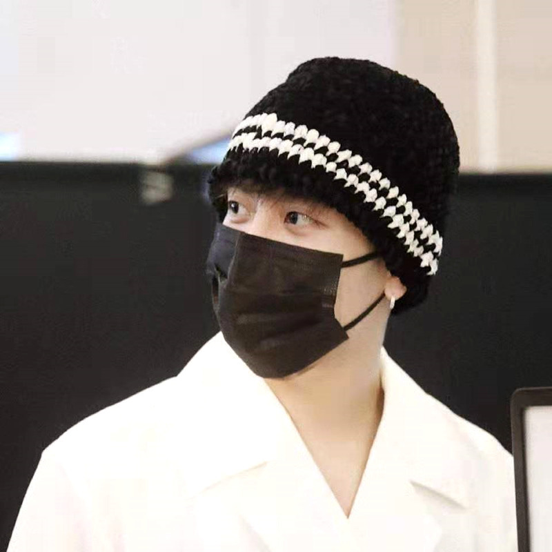 王嘉尔同款帽子潮牌黑色包头毛线帽男日系秋冬雪尼尔针织渔夫帽女