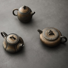 日式复古粗陶茶壶单壶窑变家用大号鎏金铁锈釉陶瓷功夫茶具泡茶器