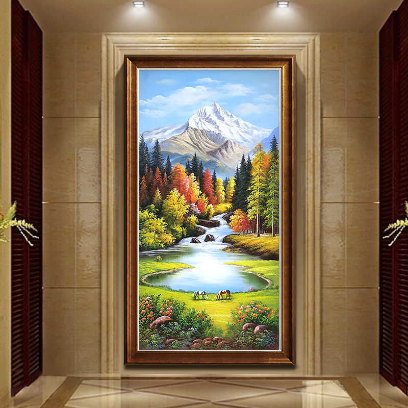 纯手绘欧式风景山水油画玄关装饰画招财风水马走廊竖版聚宝盆挂画
