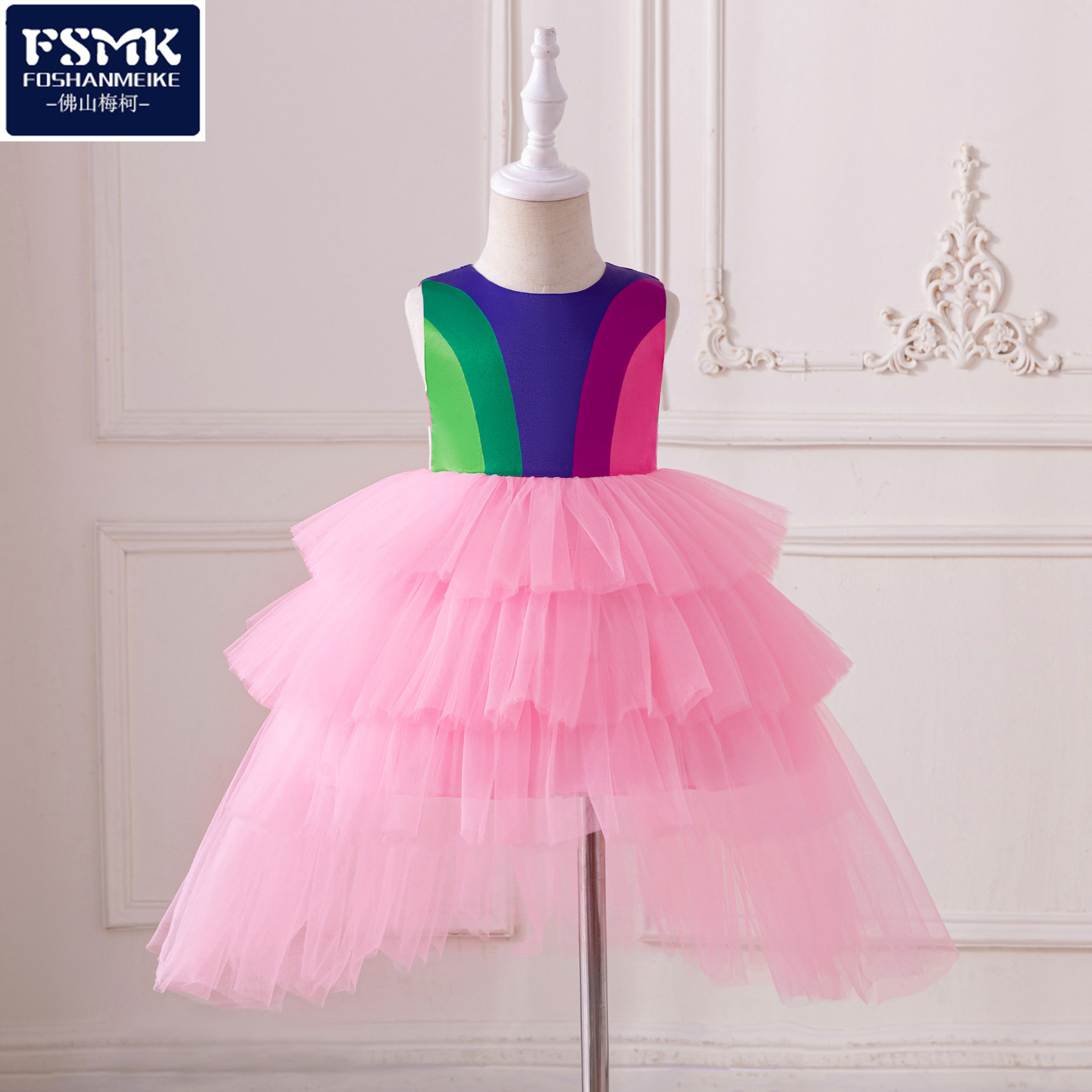 女童礼服公主裙粉色网纱无袖锻布花童模特走秀演出服生日派对礼服