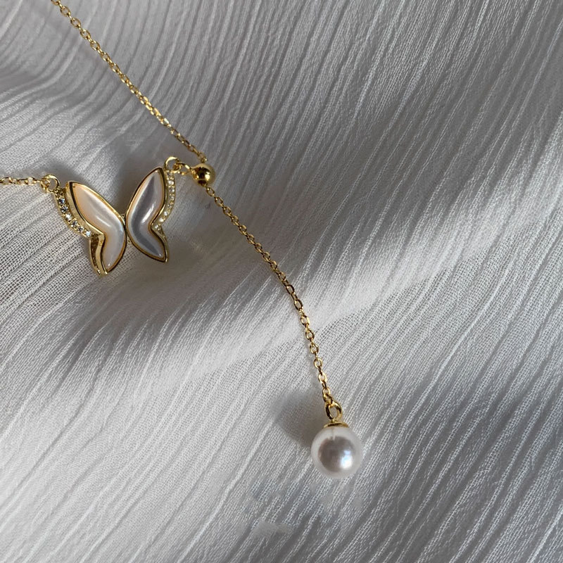 乾佳s925纯银复古精致贝母蝴蝶珍珠流苏项链毛衣链气质百搭抽拉式