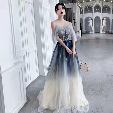 梦幻超仙一字肩吊带晚礼服星空渐变新娘结婚敬酒服艺考演出高级感