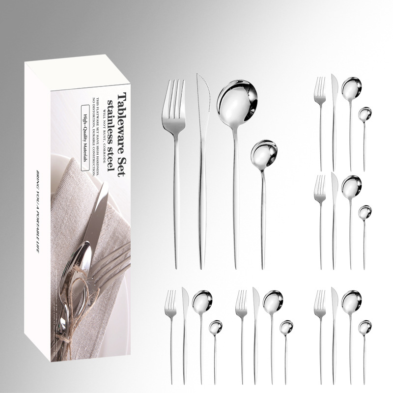 Amazon Tiktok Stainless Steel Tableware 24-Piece Set Portugal 4 Main Pieces Simple Box Western Food Knife, Fork and Spoon Suit