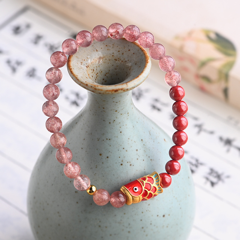[Koi] Red Strawberry Quartz Raw Ore Emperor Cinnabar Bracelet Old Gold Drop Oil Bracelet Zodiac Year of Birth Accessories Gift for Women