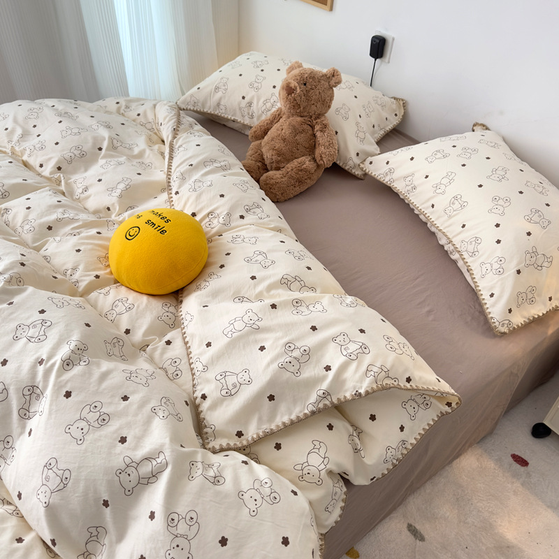 Bear ~ Ins Girl Heart Cute Cartoon Washed Cotton Shell Embroidered Triangle Needle Four-Piece Set 1.5 Bed Sheet Quilt Cover 1.8