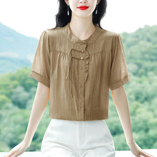 新中式国风棉麻短袖衬衫女夏季新款遮肚显瘦宽松百搭衬衣洋气上衣