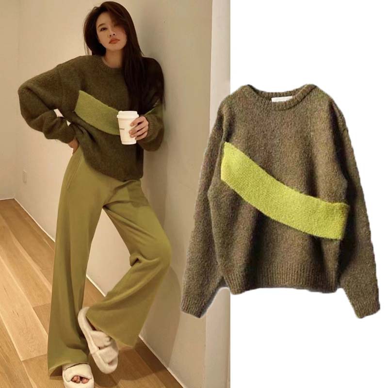 ych温婉同款芥末绿裤子拖地阔腿休闲裤马海毛撞色毛衣女秋冬套装