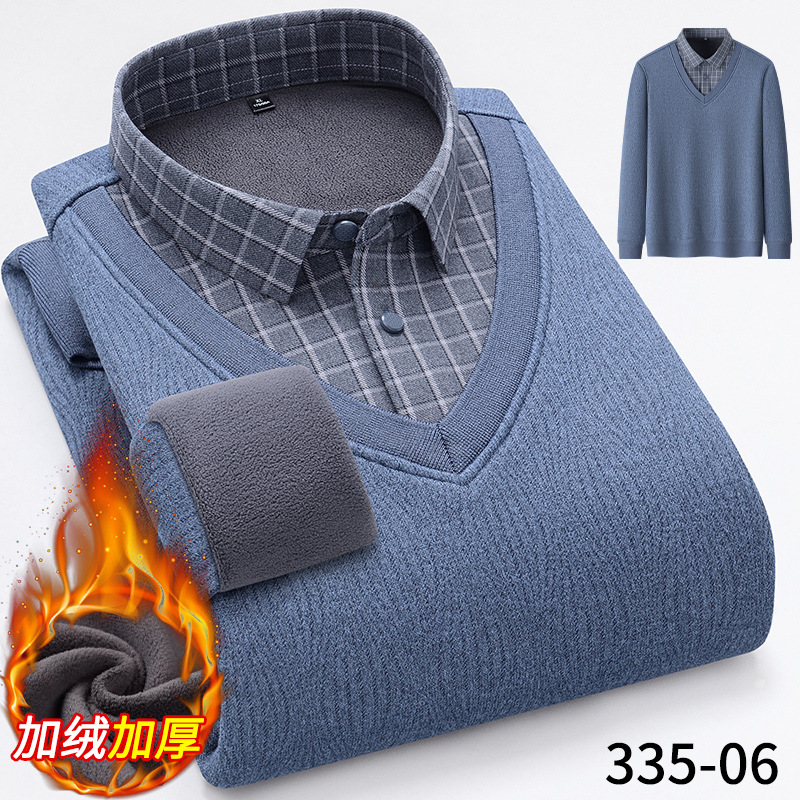 Winter New Men's Fake Two-Piece Shirt Business Warm Fleece-Lined Long-Sleeved Sweater Sweater Thickened Shirt Collar