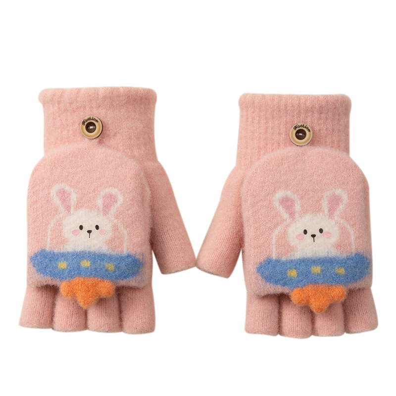 Children's Half Finger Flip Gloves Girls' Cute Baby Cartoon Cold-Proof Thermal Knitting Wool Thickened Writing Wholesale