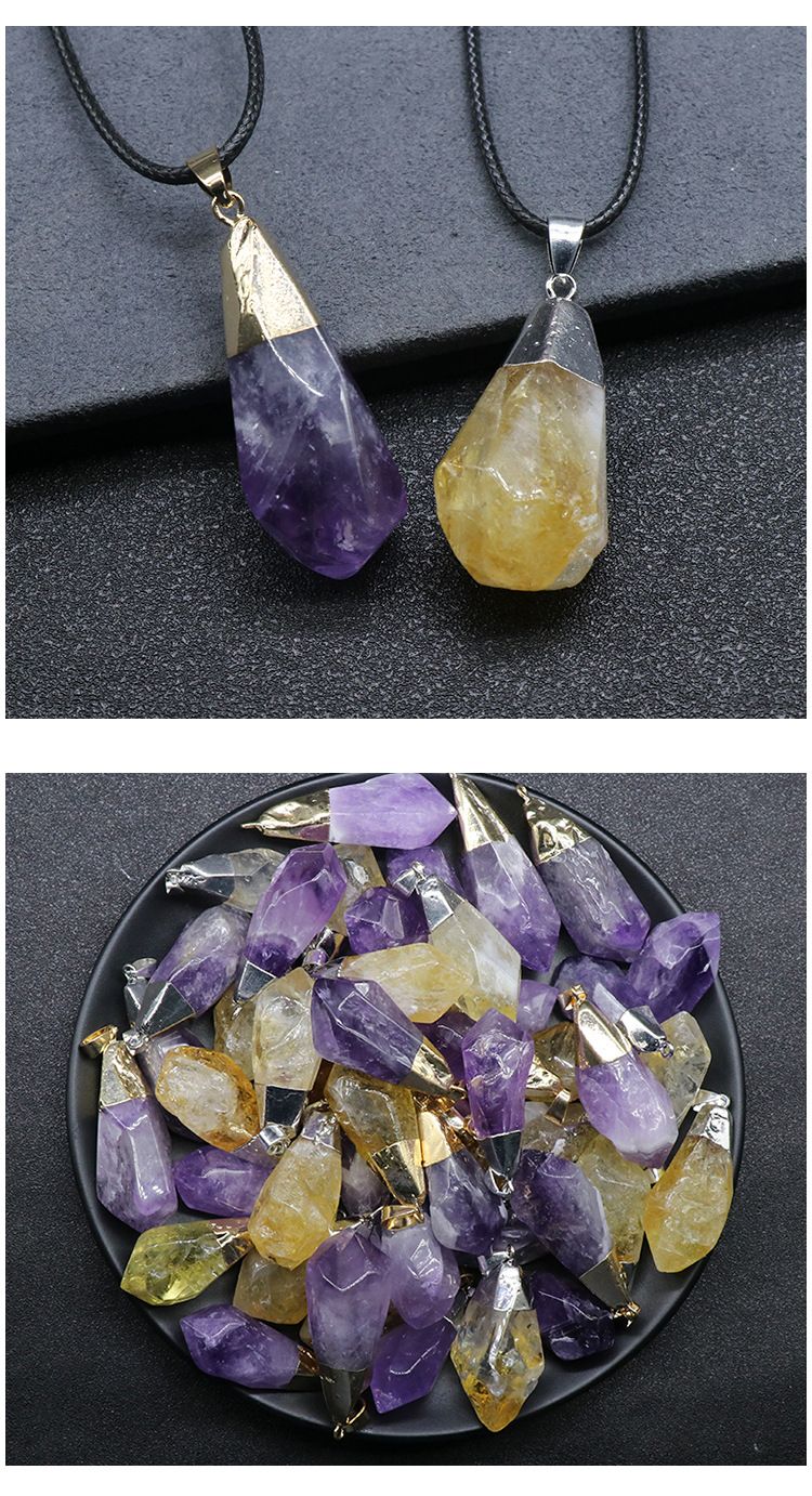 909-天然紫水晶原石打磨鎏金头吊坠 黄水晶原矿抛光石 天然石项链