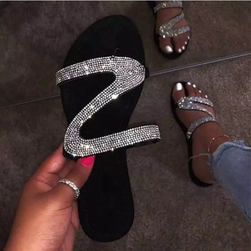 Foreign Trade Large Size Rhinestone Sandals New Z-Shaped Summer Flat Casual European and American Open Toe Roman Women's Slippers Wish