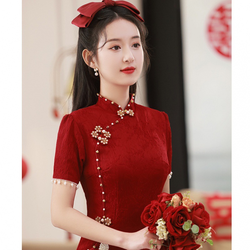订婚服中式旗袍敬酒服新娘小个子酒红色改良回门年轻款女礼服女